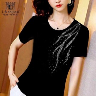 夏季鑲鑽短袖T恤女大碼顯瘦胖MM媽媽裝上衣打底衫女媽媽裝 夏裝T恤短袖 寬鬆大尺碼