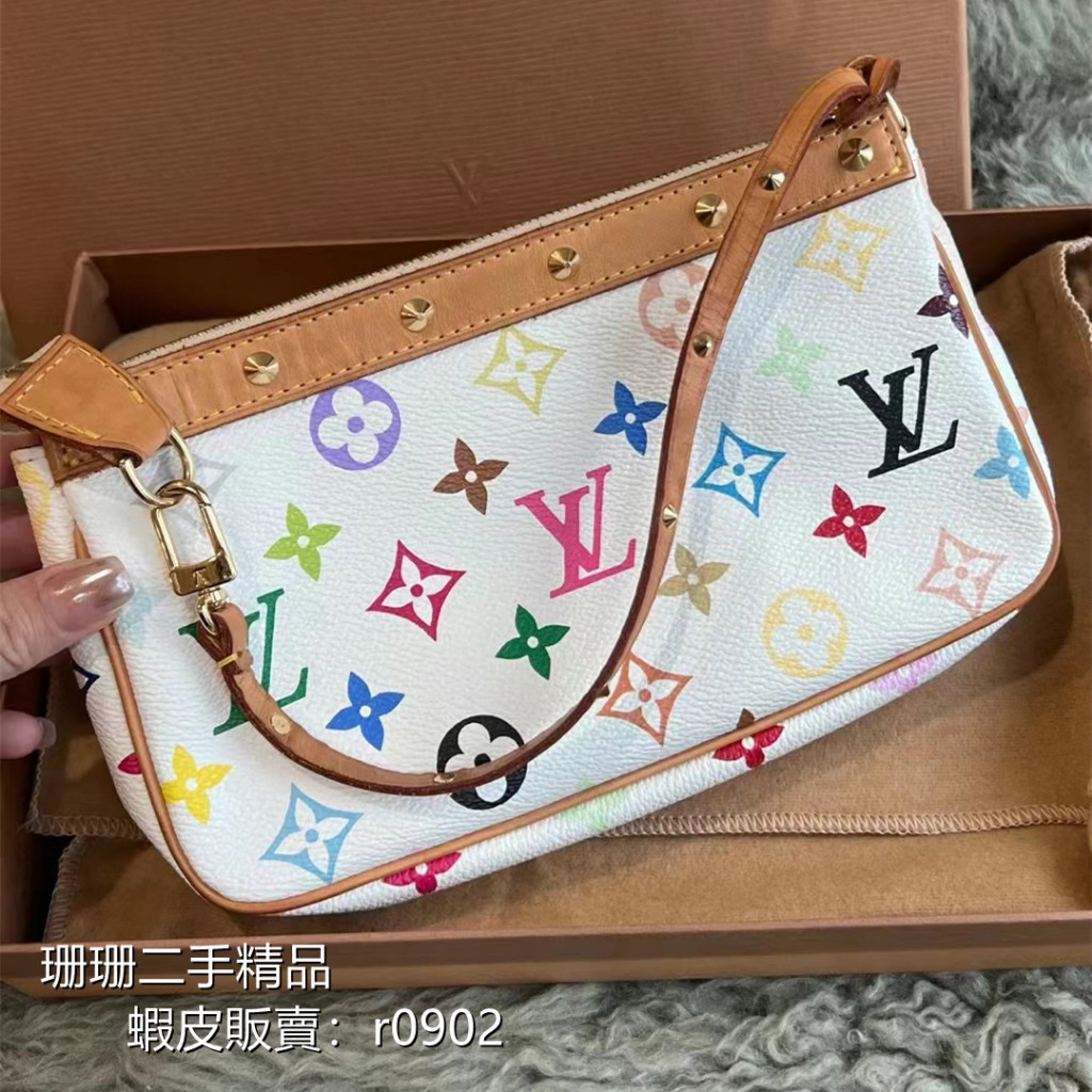 義大利製二手LV 路易威登POCHETTE 白三彩 迷你麻將包 零錢包 手拿包 M58009 女生鏈條包 免運 實拍