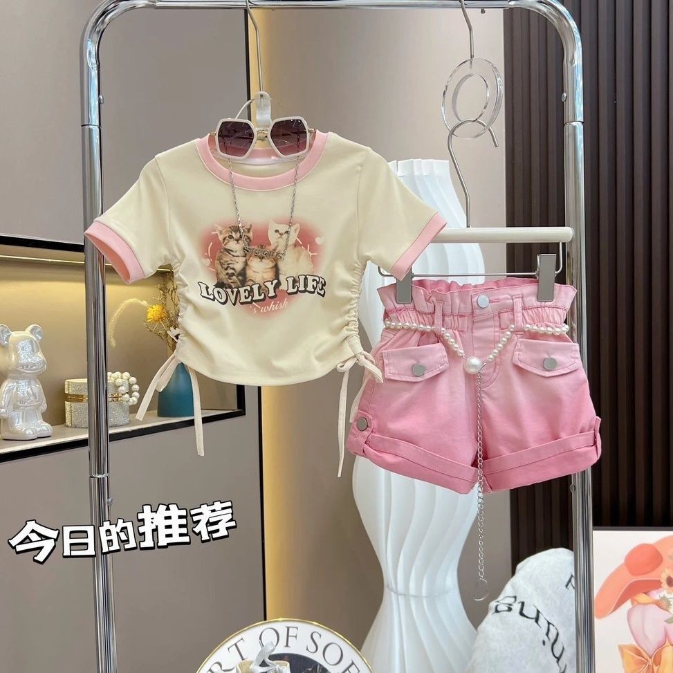 Yelly's~Shop女童夏裝套裝2024新款潮款中大童時髦短褲女孩洋氣T恤夏季兩件套