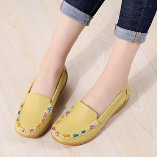 【GL SHOES】女鞋 豆豆鞋娃娃鞋 單鞋 一腳蹬平底鞋 真皮女鞋舒適平軟底豆豆鞋女中跟軟皮護士鞋牛筋底時尚百搭媽媽鞋