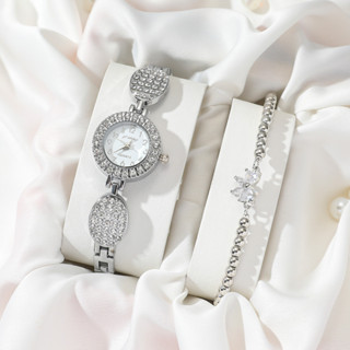 Yelly's~Shop小巧鋼帶圓形鑲鑽石英手錶+手鏈套裝