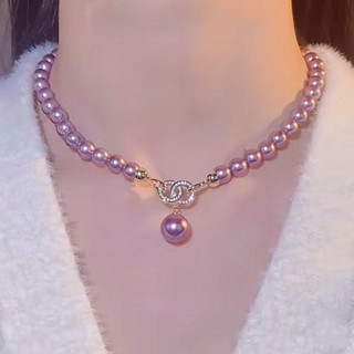 2024新款小香風紫色貝母珍珠短款項鏈女百搭正圓珠鎖骨鏈網紅頸鏈
