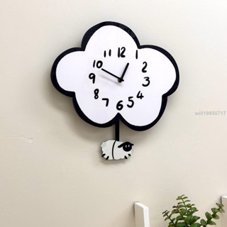 ⚡卡通靜音雲朵綿羊時鐘 客廳 兒童房 搖擺掛鐘 家用裝飾 現代簡約 鐘錶