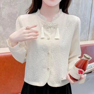SY韓係上衣新中式盤扣長袖襯衫女士秋季新款中國風復古氣質短款上衣長袖上衣圓領襯衫