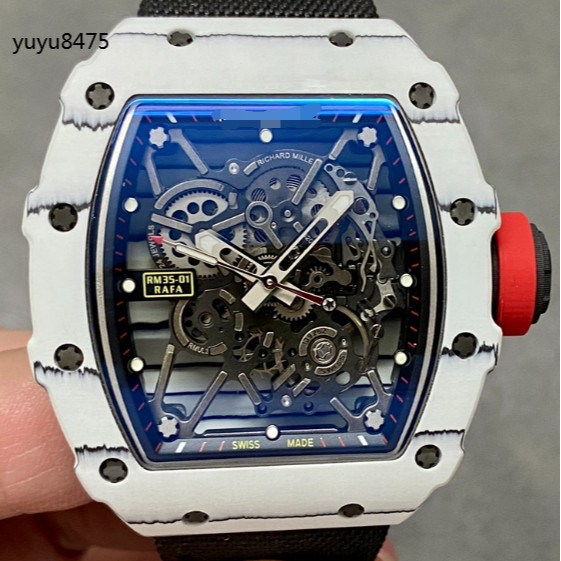 RM35-01鏤空一體機芯白色碳纖維 實拍腕錶男士手錶男士腕錶自動上鏈機械手動上鏈休閒運動正式手錶防水