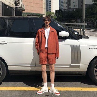 男士套裝 夏季套裝 防嗮襯衣港風ins襯衫男士長袖韓版潮流帥氣外套休閑套裝