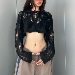 外搭 上衣女夏季新款辣妹性感透視破洞套頭鏤空罩衫露臍寬鬆顯瘦長袖針織衫