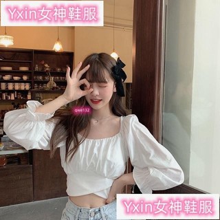 臺灣熱銷🎀秋季後背鏤空綁帶 方領泡泡袖短版 收腰襯衫2024新款 韓版長袖上衣女Jun124