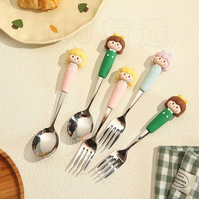 XY💯卡通女孩勺子 叉子 家用餐具套裝 少女心精緻甜品西餐叉勺 不鏽鋼勺子