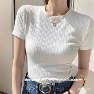 全網爆款📣新款螺紋棉短袖t恤女夏季圓領修身正肩外穿打底衫百搭上衣女短款 QIJ9