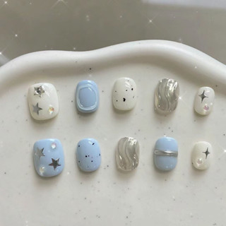 🎀臺灣出貨🎀 新款純手工穿戴甲短款輕奢藍色海鹽星星美甲小眾辣妹甲片圓形 美甲 美甲貼片 指甲貼片 指甲 穿戴甲