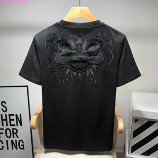 ML夏季短袖T恤 夏季潮牌國潮中國風醒獅刺繡短袖 T恤 男 小眾設計感民族風體恤 短袖