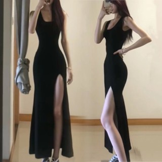 臺灣出貨 輕熟辣妹風開叉收腰顯瘦連衣裙子女夏季無袖背心過膝修身包臀長裙 顯瘦洋裝 韓係連衣裙 連身長裙 法式洋裝 女裙裝