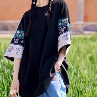 中國風上衣女 新中式民族風花朵刺繡大碼短袖T恤女2024夏季新款寬松別致上衣 新中式上衣 短袖t恤女 大尺碼夏季短袖女