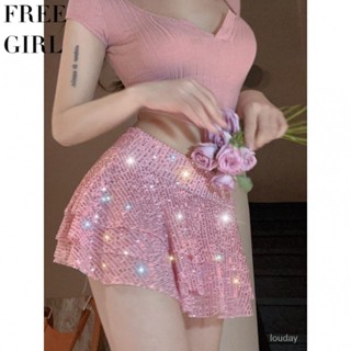 【Free Girl】純慾辣妹夜店鋼管舞粉色亮片多層荷葉邊超短裙辣妹性半身裙 A字裙 亮片洋裝 連身裙 緊身裙 包臀裙子
