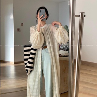 中國風防曬開衫 2024春季高階感穿搭小個子杏色上衣輕熟法式小眾長款防曬襯衫外套 新中式外套 洋裝罩衫 薄紗防曬罩衫防曬