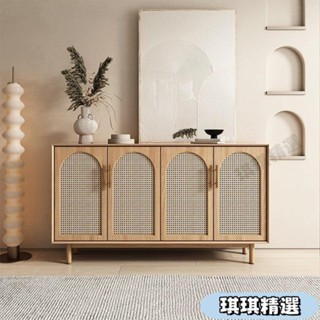 【熱銷】侘寂風實木藤編餐邊櫃傢用客廳四門收納櫃現代創意玄關櫃儲物櫃CHN