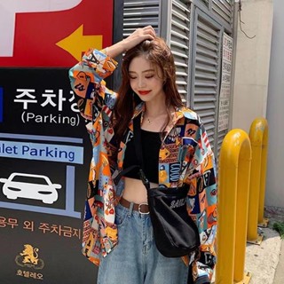 [Jaylee]復古港風襯衫女秋季薄款外套 時尚 百搭 防曬衣 印花長袖上衣 防曬服 防曬外套 夏季外套 女生長袖外套
