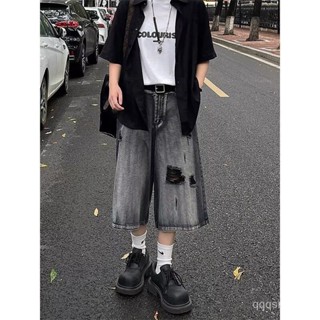 新款 美式複古七分褲 破洞牛仔短褲男女 夏季vibe潮牌 寬鬆高街 休閒褲子 夏季街頭風 男生穿搭 痞帥 港風