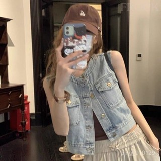 【FROCK】複古短款牛仔背心馬甲外套女新款外搭寬鬆無袖坎肩上衣 短版短袖 大碼上衣 性感上衣 短袖上衣 馬甲背心