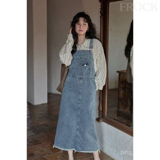 【FROCK】新款夏背帶裙寬鬆複古小個子毛邊顯瘦牛仔洋裝女 背帶裙 性感連衣裙 洋裝 吊帶裙 露肩裙子 連身裙