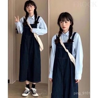 【FROCK】牛仔背帶裙新款寬鬆減齡長款連衣裙女 背帶裙 性感連衣裙 洋裝 吊帶裙 露肩裙子 連身裙