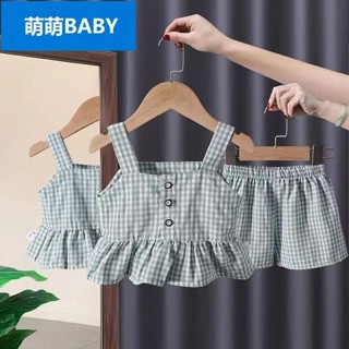 🌈【新店開張 虧本走量】女童套裝套裝 格子吊帶 無袖上衣 潮流女寶 幼兒時髦 純棉格子短褲套裝(90cm-130cm)