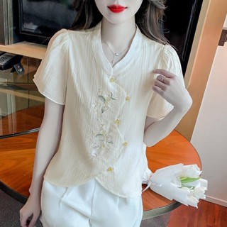 夏季新款新中式國風繡花小衫寬松短袖不規則盤扣襯衫上衣女裝 中國風上衣 改良旗袍上衣 盤扣上衣 短袖t恤女 中國風 復古