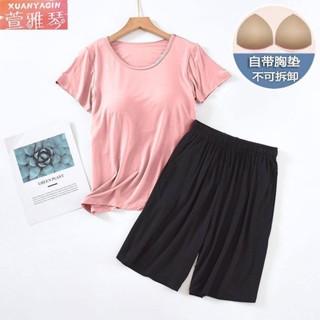 💡Thi 自帶罩杯睡衣女 夏季帶胸墊防走光短袖家居服 大碼睡衣女士 外穿兩件式套裝居家服