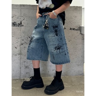 🔥臺灣熱賣🔥牛仔短褲美式街頭塗鴉印花牛仔中褲男女中性夏季寬鬆潮牌複古風七分短褲子美式 夏季 時尚 QCMG