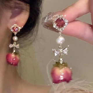 臺灣出貨 古風耳環 夾式耳環 永生花~浪漫玫瑰鋯石耳環女2024春夏新款法式復古氛圍感耳釘耳飾 耳飾 耳釘
