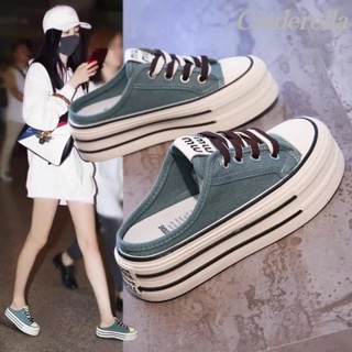 Cinderella 爆款鬆糕帆布拖鞋女外穿包頭無後跟懶人鞋子ins潮 懶人鞋女 半拖鞋女鞋 穆勒鞋 厚底半拖鞋 半拖鞋