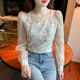 雪紡長袖上衣女 蕾絲拼接雪紡襯衫女2024春季新款小清新甜美方領別致碎花上衣小衫 薄長袖上衣 女生防曬雪紡襯衫 春秋長袖