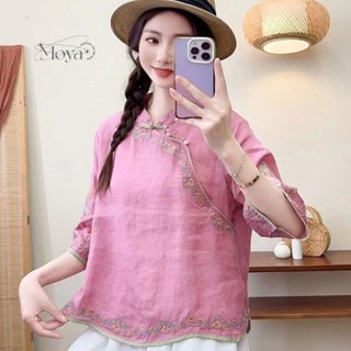新中式刺繡棉麻襯衫女文藝復古上衣盤扣新款夏季斜襟茶服中國風 大尺碼T恤 長袖上衣 民族風上衣 禪意茶服 文藝T恤