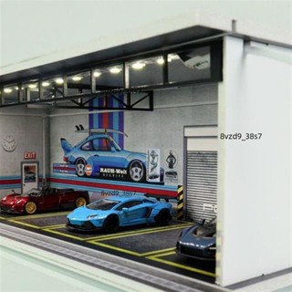 🏍跑車賽車風火輪車庫🏍G-Fans帶燈光1:64RWB修車房停車場標準6車位汽車模型