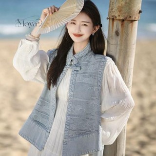 新中式牛仔提花外套女春夏立領拼接國風盤扣牛仔馬甲無袖坎肩外搭 新中式 馬甲外套 中國風 背心 上衣 民族風馬甲 中式復古