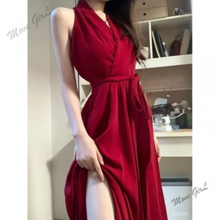 【臺灣出貨】禮服洋裝 連身裙 性感連衣裙 紅色掛脖連衣裙女新款禦姐v領收腰綁帶修身中長裙主持人 度假聚會 伴娘服婚禮穿搭