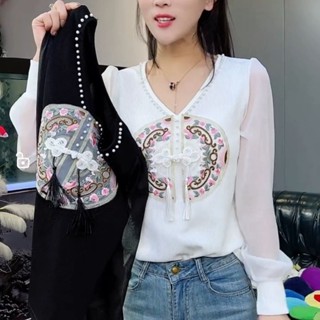 新中式國風V領盤扣刺繡長袖針織衫女春夏款修身顯瘦打底上衣 長袖上衣 長袖T恤 國風T恤 內搭衫 中國風 新中式上衣 女生