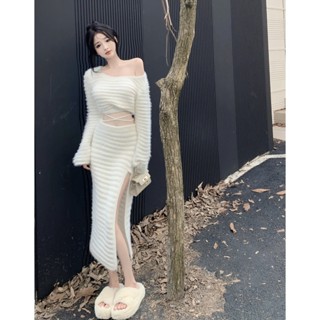 annie✨🔥美 法式純慾綁帶針織上衣 開衩半身裙 兩件式套裝 長袖針織 針織衫 長袖毛衣 開衩裙 長裙 針織套裝