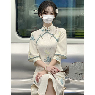 民國風改良旗袍氣質優雅年輕少女高階感倒大袖連衣裙新款 改良式旗袍 長袖洋裝 旗袍洋裝 中國風旗袍 新中式洋裝 旗袍裙