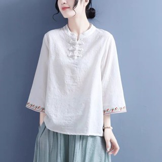 棉麻提花刺繡喇叭袖襯衫女新款中國風復古盤扣立領短上衣 長袖襯衫 棉麻上衣 長袖上衣 襯衫女 棉麻襯衫 復古上衣 民族風