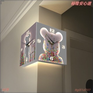 靜音掛鐘 發光掛鐘 裝飾 壁鐘 客廳時鐘 電子時鐘 造型時鐘 暴力熊創意轉角時鍾壁燈免打孔客廳拐角鍾錶簡約led髮光雙麵
