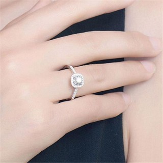 韓國時尚方形四爪白金色戒指女士結婚鉆戒莫桑石優雅百搭水晶女戒