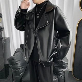 8號倉庫 男士皮衣外套 皮夾克 2023春秋季新款港風潮牌皮衣夾克男韓版ins寬松純色PU皮外套上衣 長袖外套 寬鬆皮衣