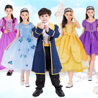 兒童cos服 迪士尼服裝兒童演出服貝爾公主裙中世紀童話禮服話劇表演服女巫服 漫展 萬聖節 二次元 禮服 角色扮演衣服