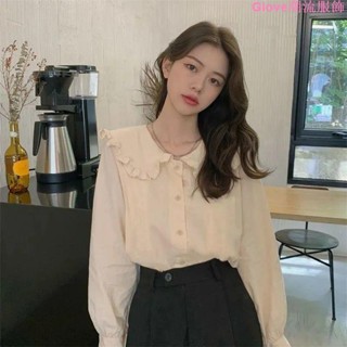 大碼~2021秋季新款韓版寬松法式小眾設計感小眾娃娃領襯衫上衣女百搭長袖上衣 長袖t恤 女裝 秋冬寬鬆上衣 顯瘦上衣