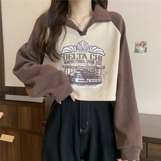 美式復古拼色polo領短版上衣 長袖上衣 寬鬆衛衣 露肚上衣 大學t 秋冬上衣 衛衣外套 短版衛衣 寬鬆上衣 長袖女生
