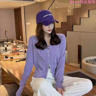 大碼~2023爆款貼標連帽女秋裝薄款防曬衫針織開衫百搭短款雙拉鏈上衣大尺碼 外套女 春秋薄款 百搭 長袖上衣