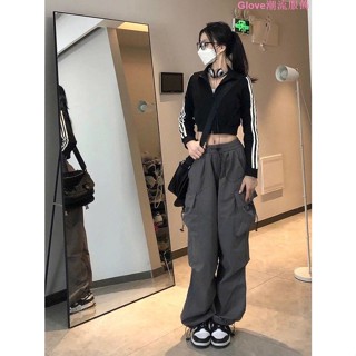 大尺碼~美式復古嘻哈hiphop直筒束腳工裝褲女高腰顯瘦多口袋運動休閑褲子抽繩工裝褲顯瘦 運動休閒褲 美式工裝褲女 寬鬆