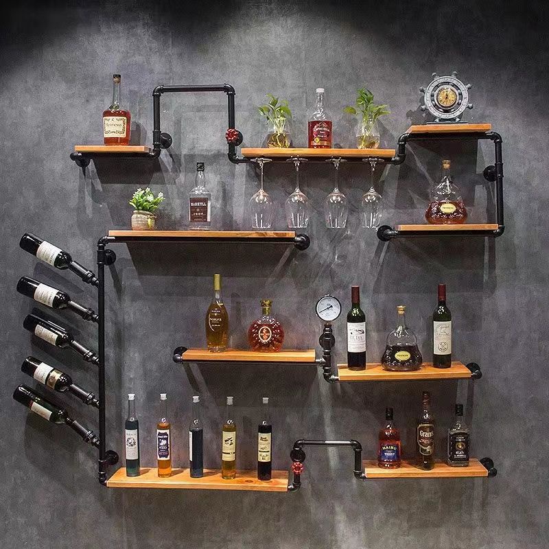 複古工業風酒吧鐵藝墻上置物架壁掛紅酒架擺件裝飾創意酒櫃實木架